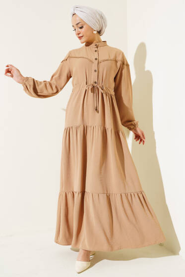 	 Önü Yarım Düğmeli Kat Kat Elbise Latte - Elbise