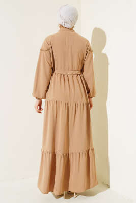 	 Önü Yarım Düğmeli Kat Kat Elbise Latte - Tesettür Elbise