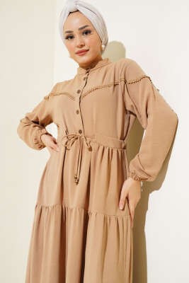 	 Önü Yarım Düğmeli Kat Kat Elbise Latte - Tesettür Elbise