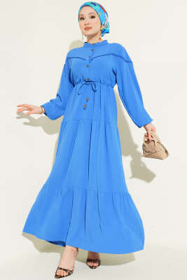 Önü Yarım Düğmeli Kat Kat Elbise Mavi 