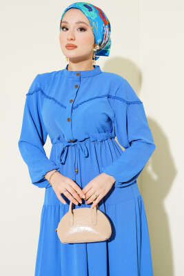 Önü Yarım Düğmeli Kat Kat Elbise Mavi - Elbise