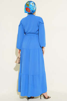 Önü Yarım Düğmeli Kat Kat Elbise Mavi - Elbise