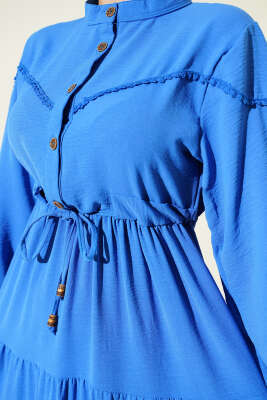 Önü Yarım Düğmeli Kat Kat Elbise Mavi - Elbise