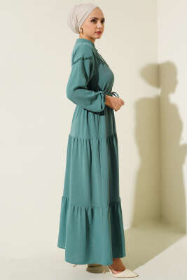 Önü Yarım Düğmeli Kat Kat Elbise Mint - Tesettür Elbise