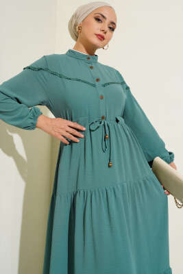 Önü Yarım Düğmeli Kat Kat Elbise Mint - Tesettür Elbise