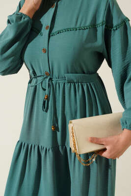 Önü Yarım Düğmeli Kat Kat Elbise Mint - Tesettür Elbise