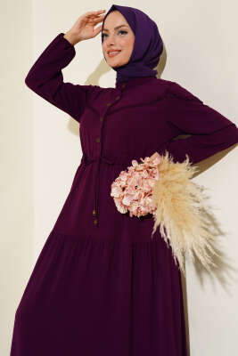 Önü Yarım Düğmeli Kat Kat Elbise Mor - Elbise