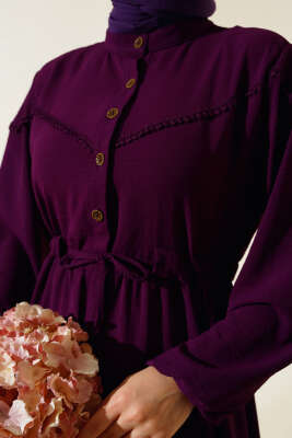 Önü Yarım Düğmeli Kat Kat Elbise Mor - Elbise