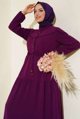 Önü Yarım Düğmeli Kat Kat Elbise Mor - Tesettür Elbise