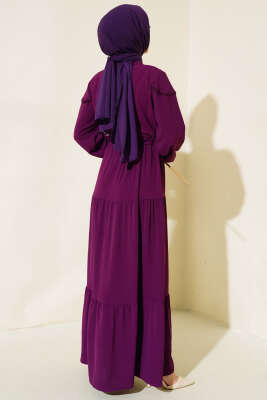 Önü Yarım Düğmeli Kat Kat Elbise Mor - Tesettür Elbise