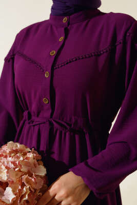 Önü Yarım Düğmeli Kat Kat Elbise Mor - Tesettür Elbise