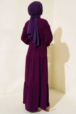 Önü Yarım Düğmeli Kat Kat Elbise Mor - Tesettür Elbise