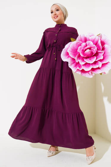 Önü Yarım Düğmeli Kat Kat Elbise Mürdüm - Elbise