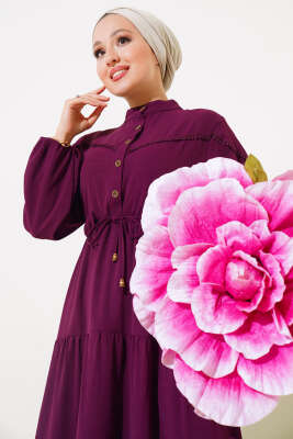 Önü Yarım Düğmeli Kat Kat Elbise Mürdüm - Tesettür Elbise