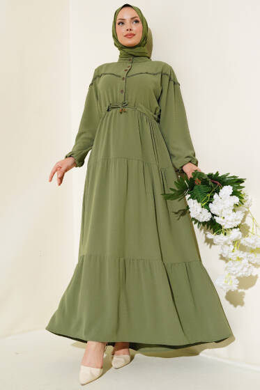 Önü Yarım Düğmeli Kat Kat Elbise Nefti - Elbise