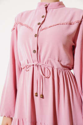 Önü Yarım Düğmeli Kat Kat Elbise Pudra - Tesettür Elbise