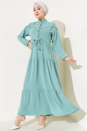 Önü Yarım Düğmeli Kat Kat Elbise Su Yeşili - Elbise