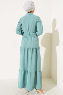 Önü Yarım Düğmeli Kat Kat Elbise Su Yeşili - Tesettür Elbise