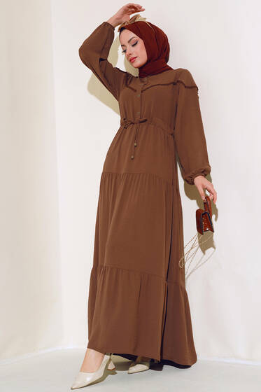 Önü Yarım Düğmeli Kat Kat Elbise Taba - Tesettür Elbise