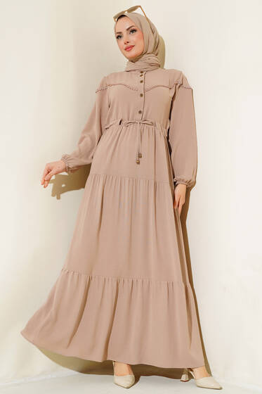 Önü Yarım Düğmeli Kat Kat Elbise Vizon - Elbise