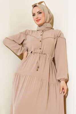 Önü Yarım Düğmeli Kat Kat Elbise Vizon - Elbise