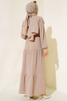 Önü Yarım Düğmeli Kat Kat Elbise Vizon - Elbise