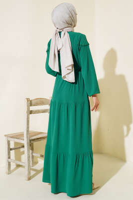 Önü Yarım Düğmeli Kat Kat Elbise Yeşil - Tesettür Elbise
