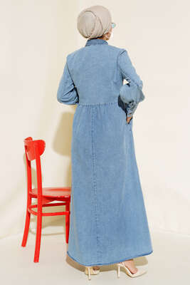 Önü Yarım Düğmeli Kot Elbise Kot Mavisi - Tesettür Elbise