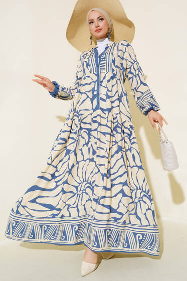 Önü Yarım Düğmeli Patlı Elbise İndigo - Elbise