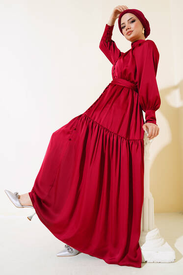 Önü Yarım Düğmeli Saten Elbise Bordo - Elbise