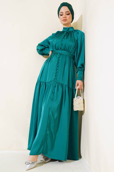 Önü Yarım Düğmeli Saten Elbise Yeşil - Elbise