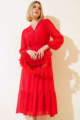 Önü Yarım Düğmeli Şifon Midi Elbise Nar Çiçeği - Kadın Giyim Modelleri