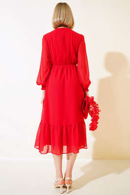 Önü Yarım Düğmeli Şifon Midi Elbise Nar Çiçeği - Kadın Giyim Modelleri