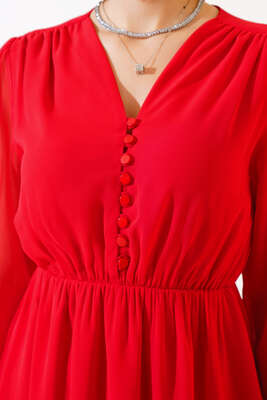 Önü Yarım Düğmeli Şifon Midi Elbise Nar Çiçeği - Kadın Giyim Modelleri