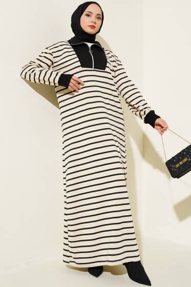 Önü Yarım Fermuarlı Çizgili Elbise Siyah - Elbise