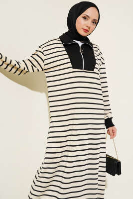 Önü Yarım Fermuarlı Çizgili Elbise Siyah - Tesettür Elbise