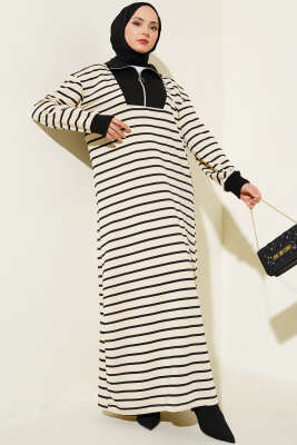 Önü Yarım Fermuarlı Çizgili Elbise Siyah