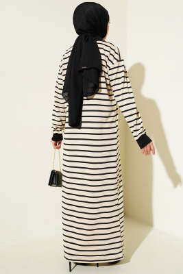 Önü Yarım Fermuarlı Çizgili Elbise Siyah - Tesettür Elbise