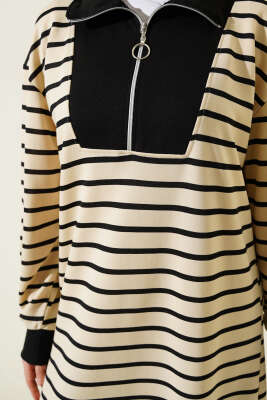 Önü Yarım Fermuarlı Çizgili Elbise Siyah - Tesettür Elbise