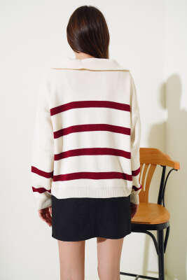 Önü Yarım Fermuarlı Çizgili Triko Kazak Bordo - Kadın Giyim Modelleri