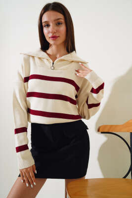 Önü Yarım Fermuarlı Çizgili Triko Kazak Bordo - Kadın Giyim Modelleri