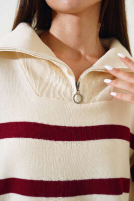 Önü Yarım Fermuarlı Çizgili Triko Kazak Bordo - Kadın Giyim Modelleri