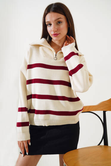 Önü Yarım Fermuarlı Çizgili Triko Kazak Bordo - Yeni Giyim