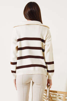 Önü Yarım Fermuarlı Çizgili Triko Kazak Kahve - Kadın Giyim Modelleri