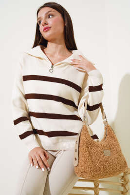 Önü Yarım Fermuarlı Çizgili Triko Kazak Kahve - Kadın Giyim Modelleri