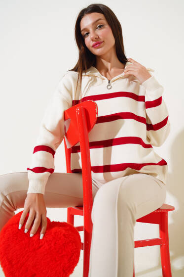 Önü Yarım Fermuarlı Çizgili Triko Kazak Kırmızı - Kadın Giyim Modelleri