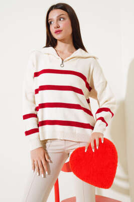 Önü Yarım Fermuarlı Çizgili Triko Kazak Kırmızı - Kadın Giyim Modelleri