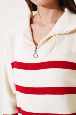 Önü Yarım Fermuarlı Çizgili Triko Kazak Kırmızı - Kadın Giyim Modelleri