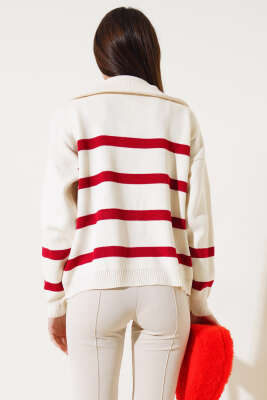 Önü Yarım Fermuarlı Çizgili Triko Kazak Kırmızı - Kadın Giyim Modelleri