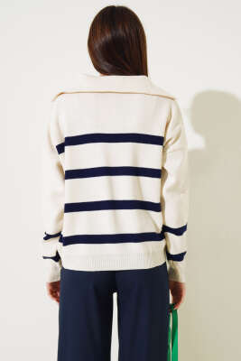 Önü Yarım Fermuarlı Çizgili Triko Kazak Lacivert - Kadın Giyim Modelleri